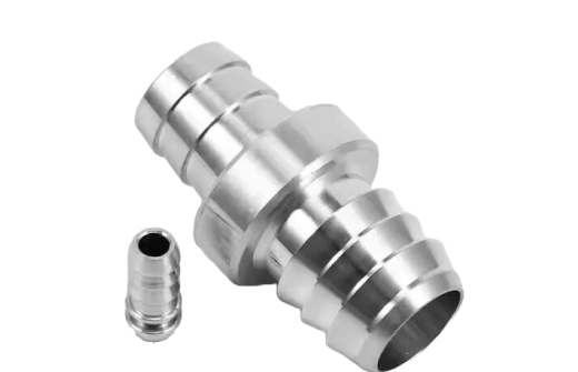 Stainless steel hose barb connectors for industrial fluid systems.