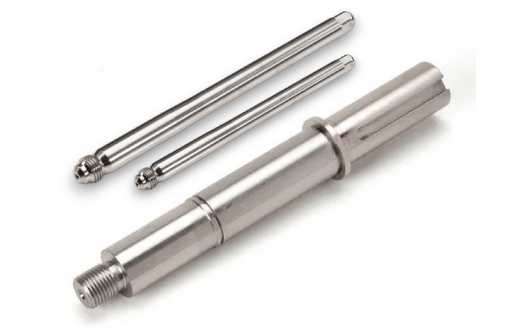 Precision-machined stainless steel shafts and pins for industrial use.