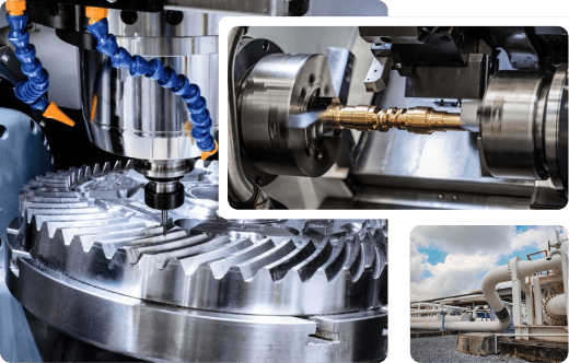 Composite image showing advanced manufacturing and industrial processes: a CNC machine milling a large metal gear, an inset image of a lathe machine machining a brass component, and another inset showing large industrial pipelines against a cloudy sky background.