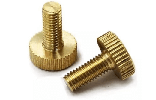 Two brass knurled thumb screws with threaded shafts on a white background
